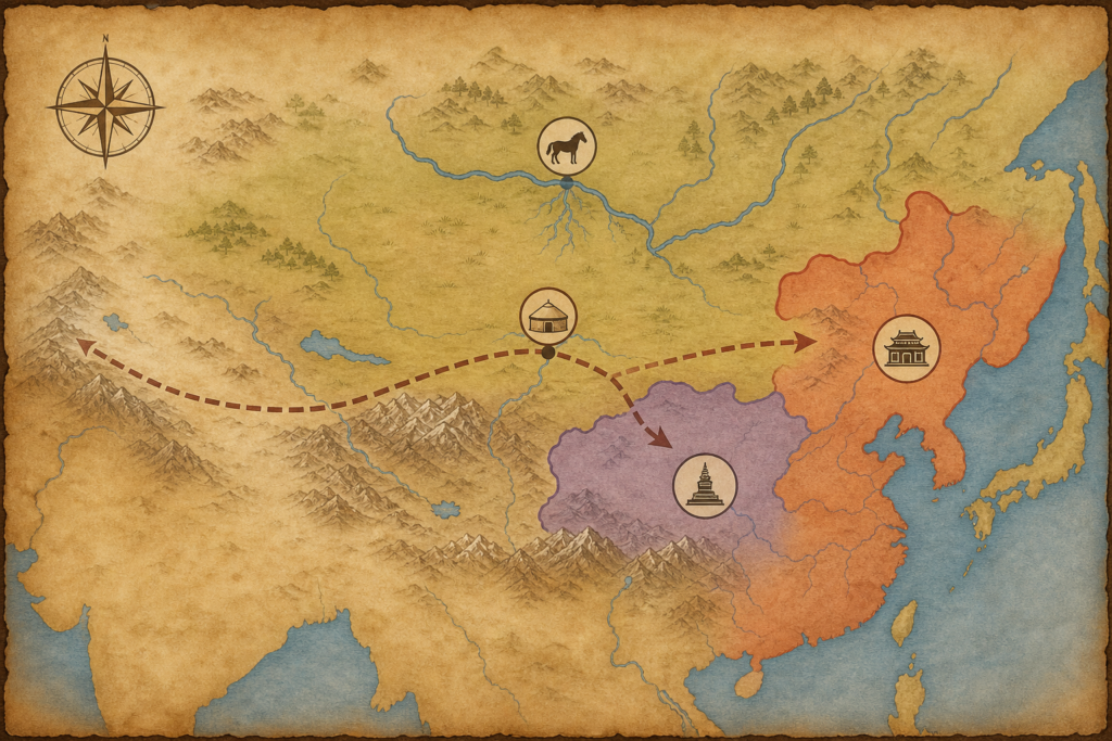 Mapa da estepe mongol e das primeiras campanhas de Genghis Khan