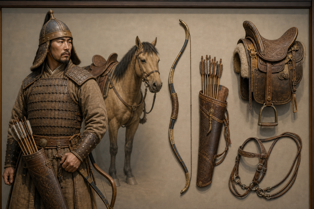 Equipamento de cavaleiro mongol com arco composto e sela