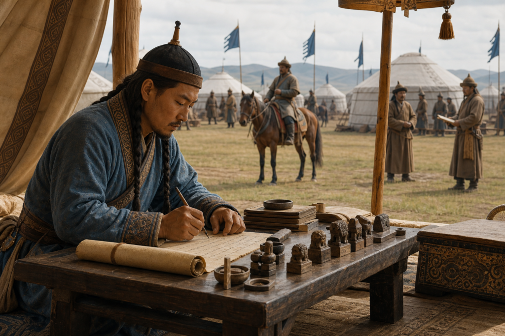 Escriba registrando ordens em acampamento mongol do século XIII