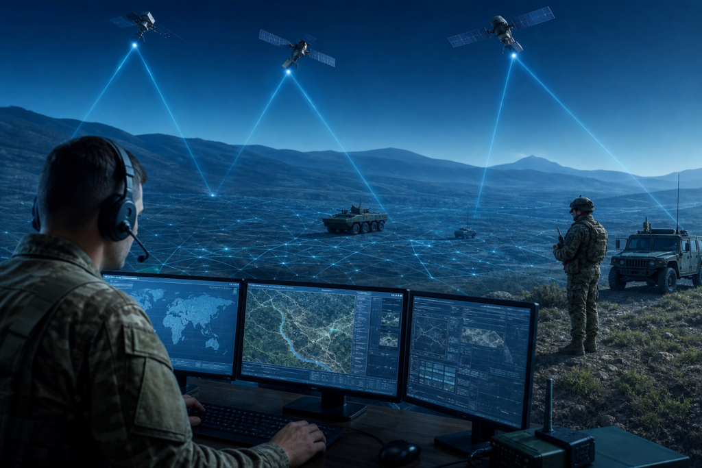 Satélites de navegação enviando sinais para veículos e equipes militares sobre um mapa digital