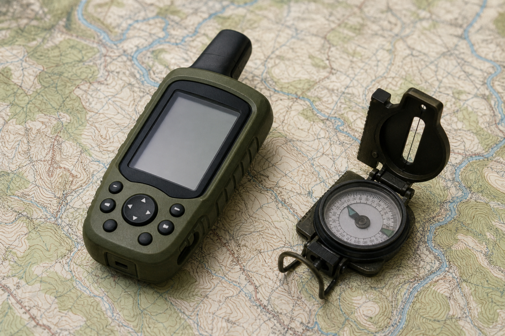 Receptor portátil de GPS militar sobre mapa e bússola