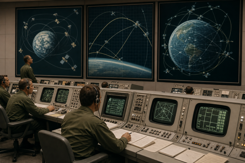 Sala de controle conceitual para satélites de navegação militar