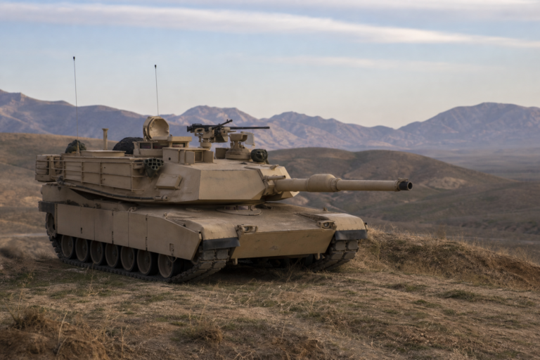 Tanque M1 Abrams em terreno de treinamento, usado para ilustrar tecnologia e doutrina de blindados modernos dos EUA