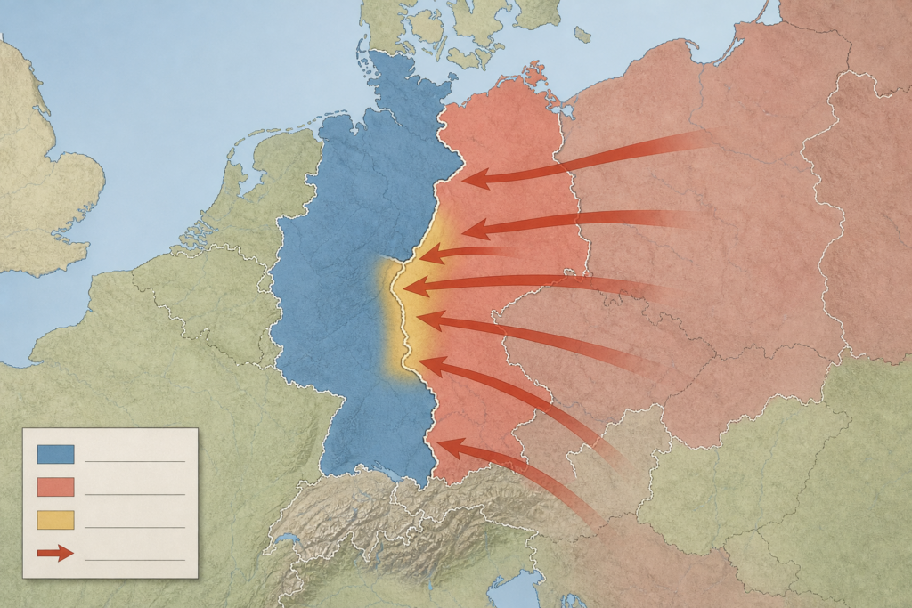 Mapa da Europa Central na Guerra Fria com áreas associadas ao planejamento de guerra terrestre da OTAN