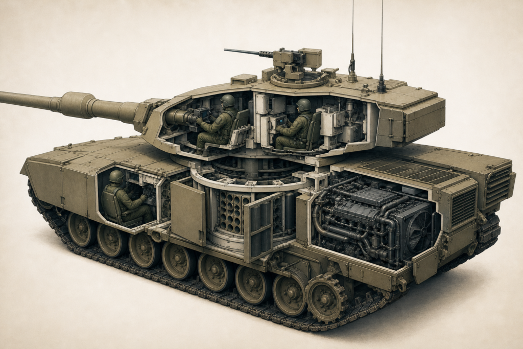 Esquema educativo do M1 Abrams mostrando torre, compartimento de munição, motor e tripulação