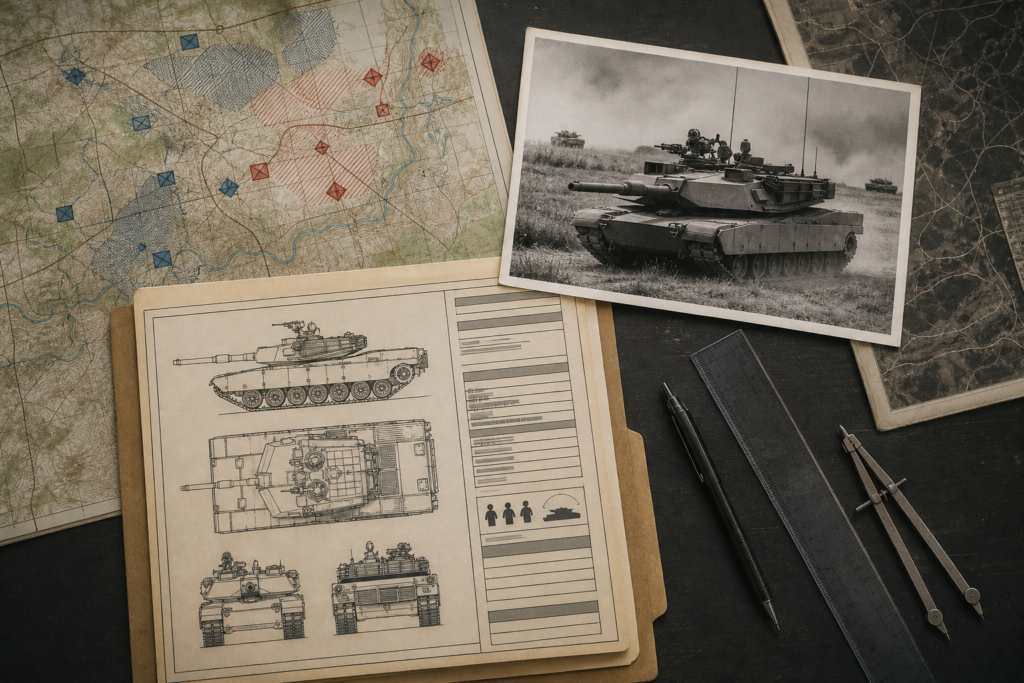 Mesa de planejamento com documentos técnicos e foto de tanque em exercício