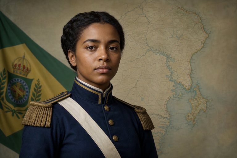 Retrato histórico educativo inspirado em Maria Quitéria com uniforme militar do século XIX