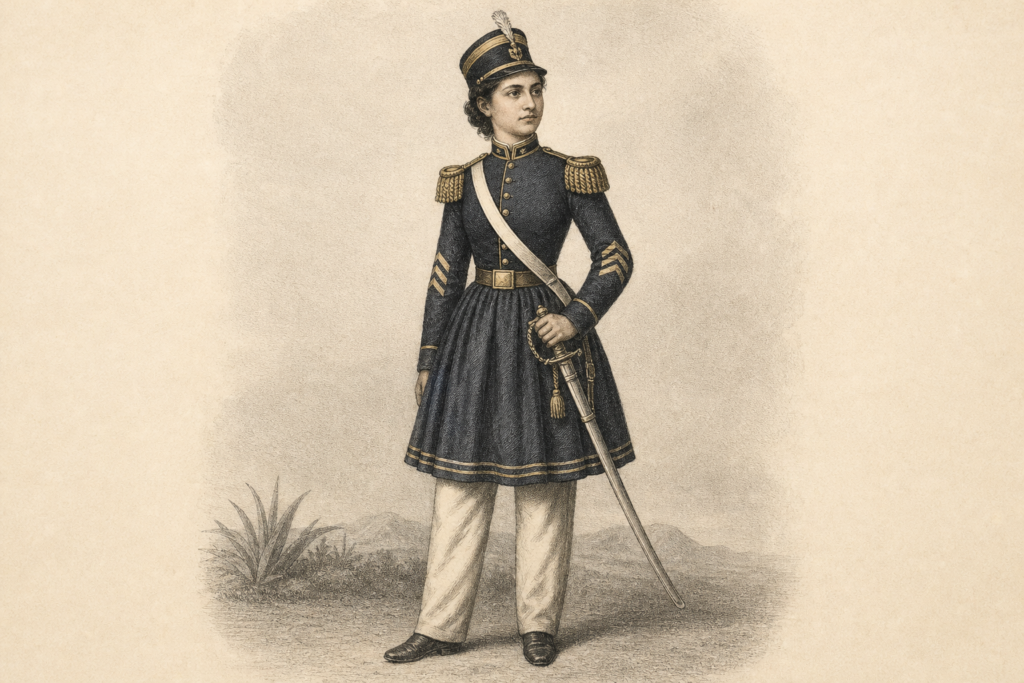 Gravura educativa de Maria Quitéria em uniforme militar do século XIX