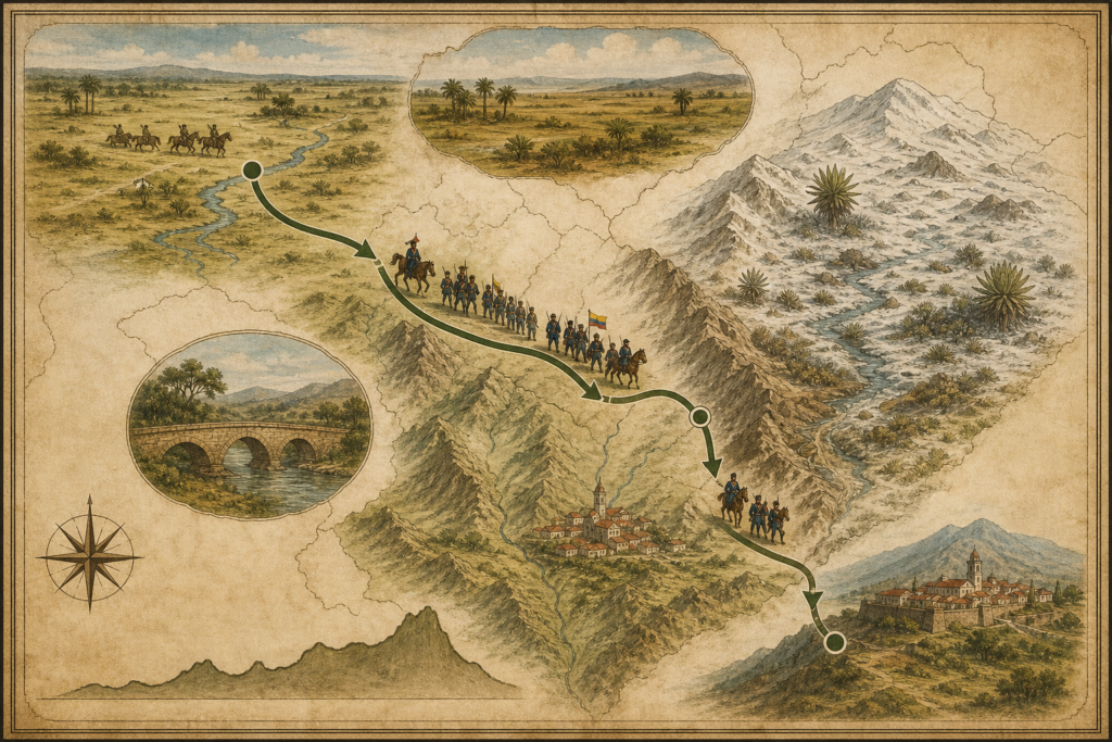 Mapa da rota da Campanha Libertadora de 1819 entre os llanos e Boyacá