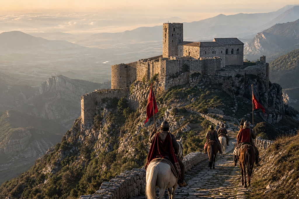 Fortaleza montanhosa nos Bálcãs associada à resistência de Skanderbeg contra o Império Otomano.