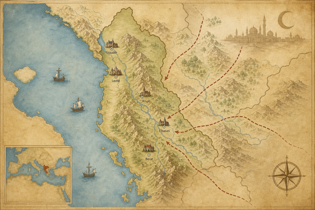 Mapa dos principais locais ligados às campanhas de Skanderbeg na Albânia medieval.