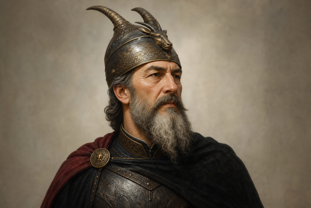 Retrato educativo de Skanderbeg com armadura medieval e capacete simbólico.