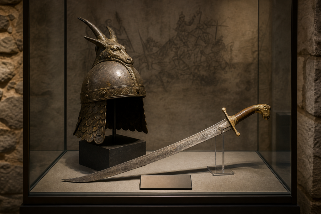 Capacete e espada atribuídos a Skanderbeg em exposição museológica.